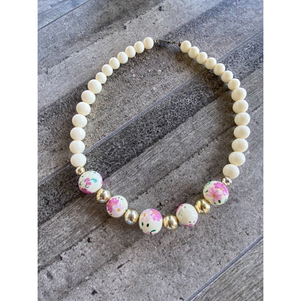 Vintage Plastic Beads Off White Cream Pink Floral Design Slide Clasp